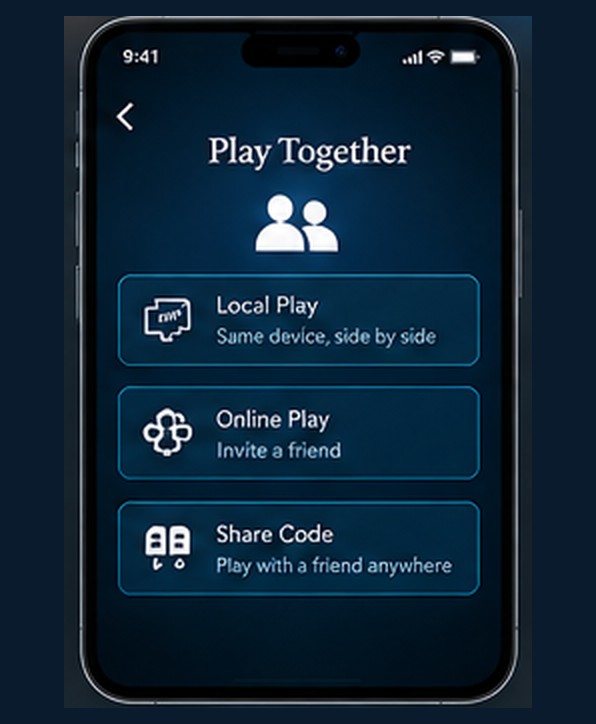 A Doubletaire concept screen for Play Together, offering local play, online play and a share code.